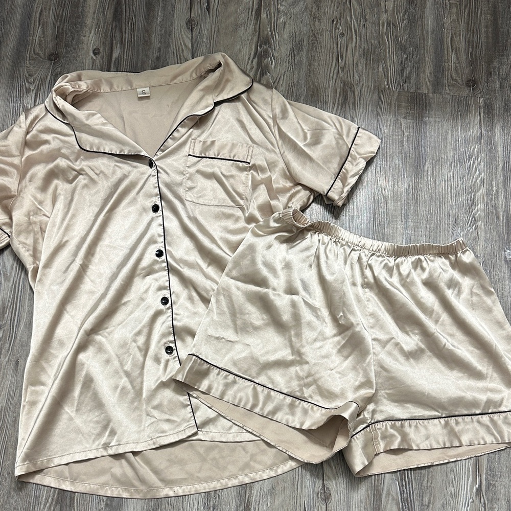 SHEIN Cream Satin Pajama Set with Black Trim